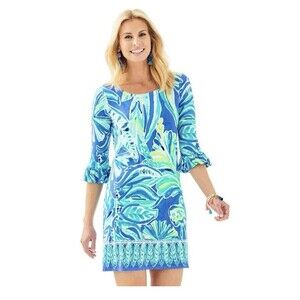 Lilly Pulitzer Ruffle Blue Leafy Sophie UPF 50+ Dress 3/4 Sleeve Midi Size XL